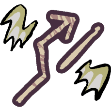 an alt symbol, turned so that the arrow faces the top right corner. the arrow that branches from the line is striped a darker colour. surrounding it are two yellow bat-like wings